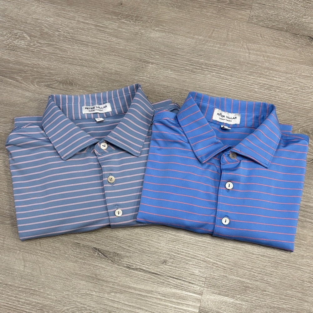 Peter Millar Polo Shirts Lot 2 Medium Blue Gray Striped Performance Golf summer